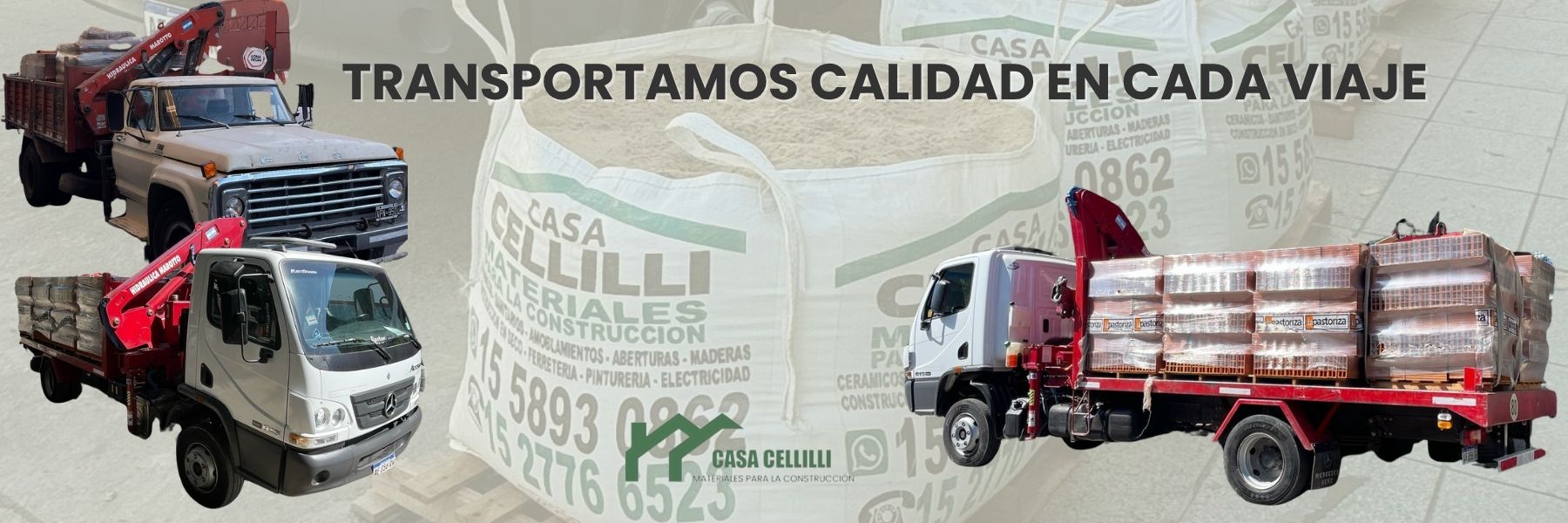 Camiones con grúa de Casa Cellilli entregando bolsones y ladrillos